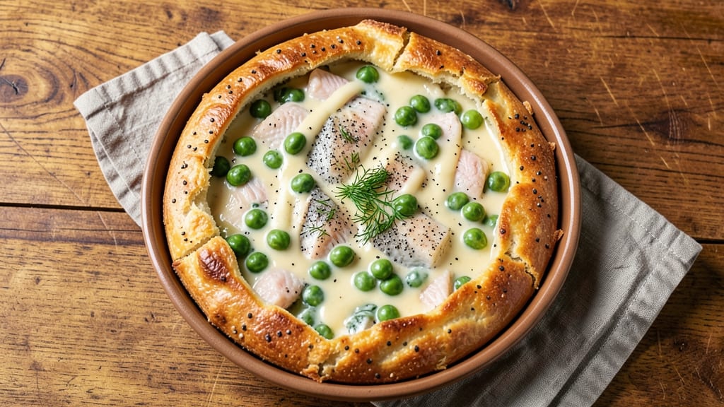 Jamie Oliver's Sweet Pea Fish Pie Recipe: Savory Crust Over Creamy Pea and Fish Filling